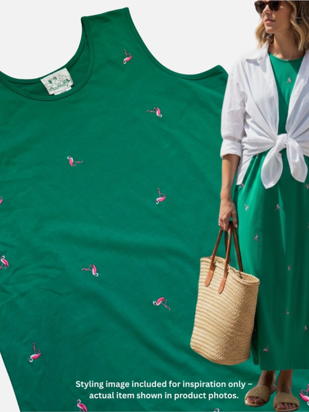 VTG Quacker Factory Women's Maxi Tank Dress Green / Pink Flamingo Embroidery L